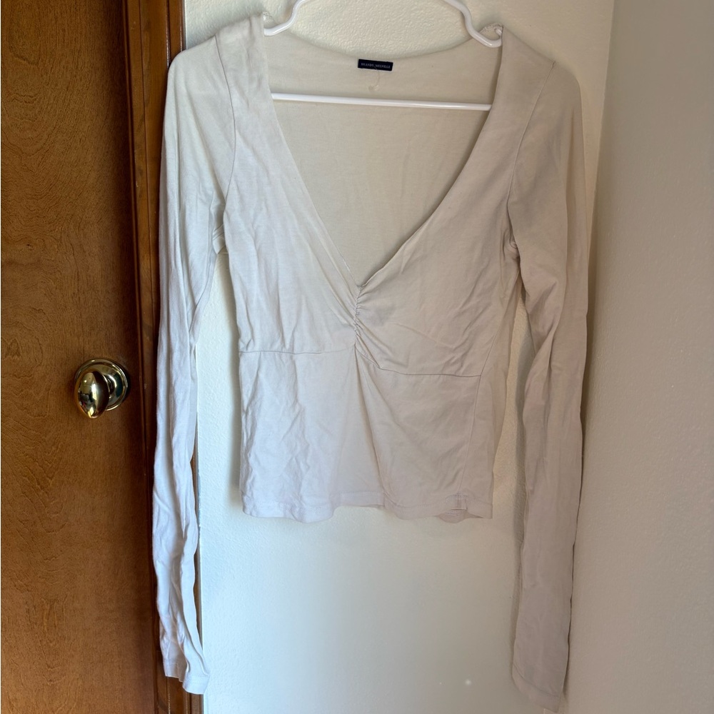 Brandy Melville Cream V Neck Long Sleeve Top